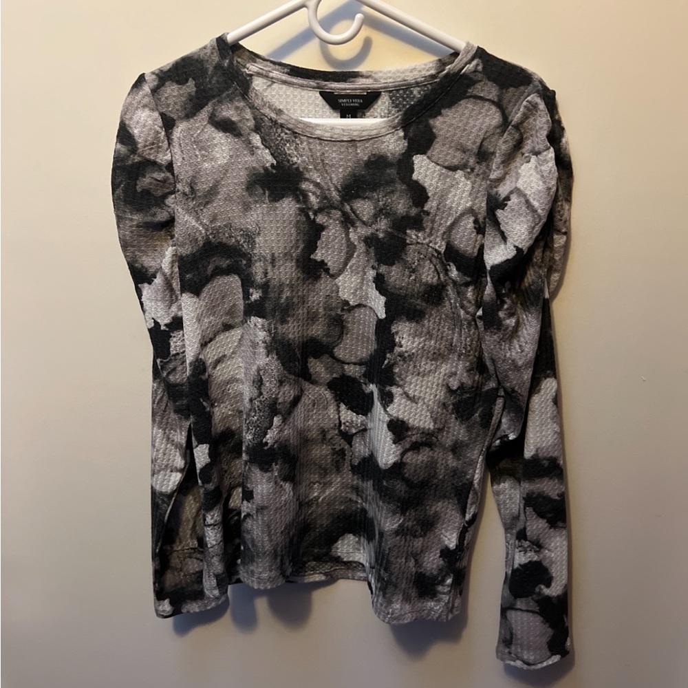 Simply Vera Vera Wang Black & Gray Floral Long Sleeve Waffle Knit Top Size M